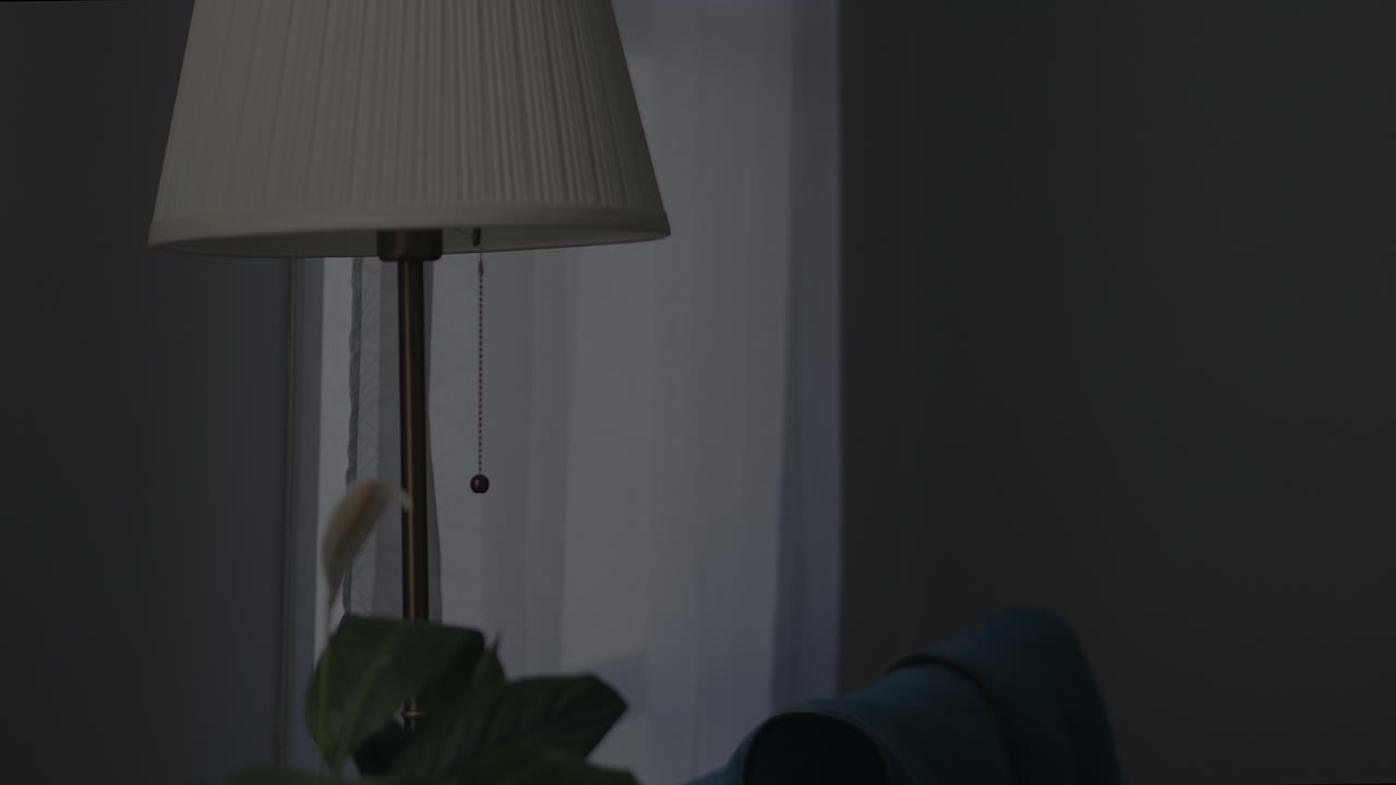 주부 는 아파트 의 바닥 램프 에 접근 하고 거실 의 쾌적 하고 편안 한 인테리어 에 있는 빛 의 세부 사항 을 켜고 있다