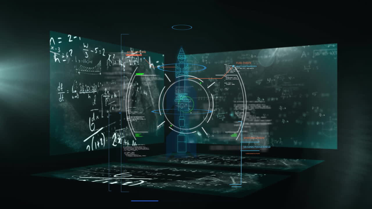 검은 바탕에 수학 방정식의 애니메이션과 범위 스캐닝