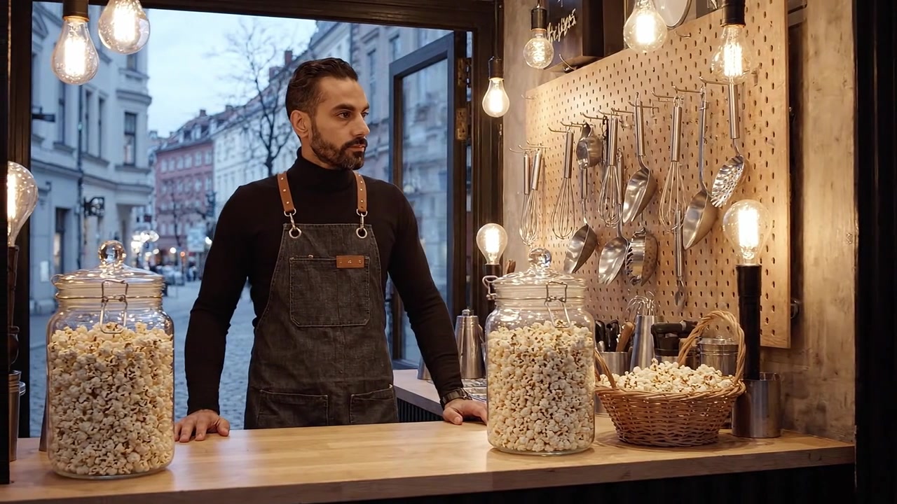 Oddaný prodejce stojí za svým stánkem s popcornem, připravený obsluhovat v útulném, malebném pouličním prostředí, osvětleném měkkými světly za klidného večera.
