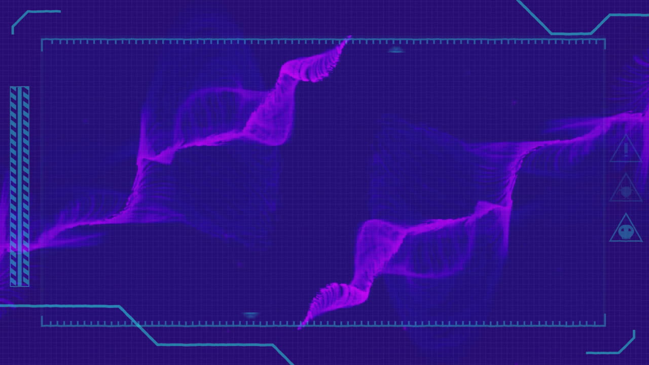 Animation of digital interface over purple shapes on blue background