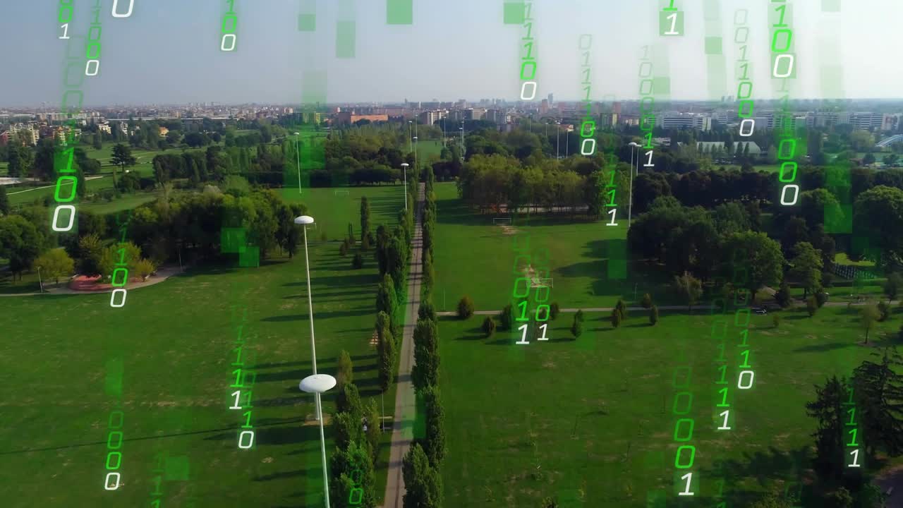 Central promenade showing aerial as faint binary appearing at top and descending showing data flow