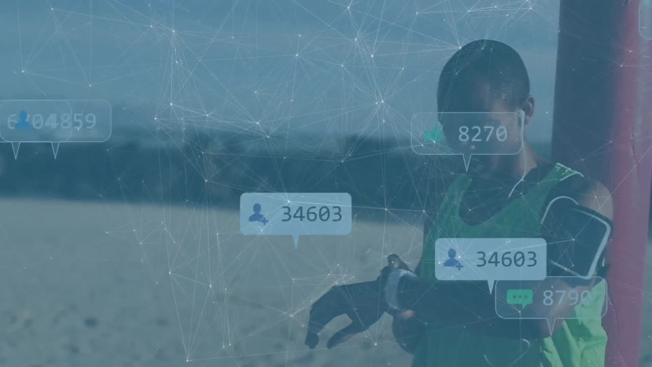 Animazione di una rete di connessioni con icone di social media su uno sportivo.