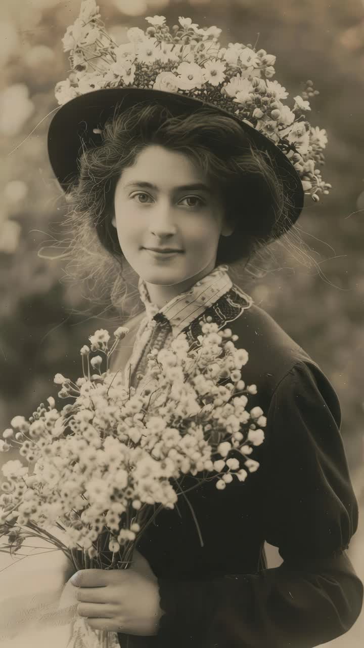 Vintage-style portrait of a woman in a floral hat, holding flowers