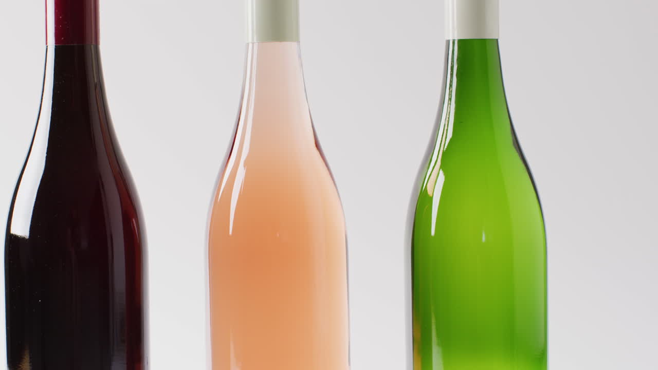 tres botellas coloridas de pie una al lado de la otra contra un fondo blanco