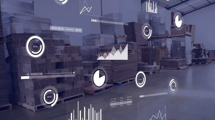Animazione di elaborazione dati su inventario in un magazzino