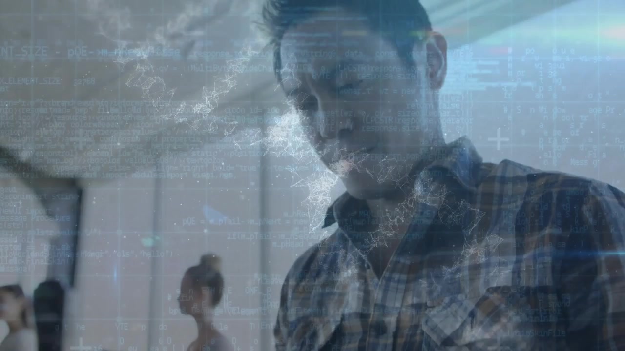 Man Working on Smartphone with Digital Data Overlay