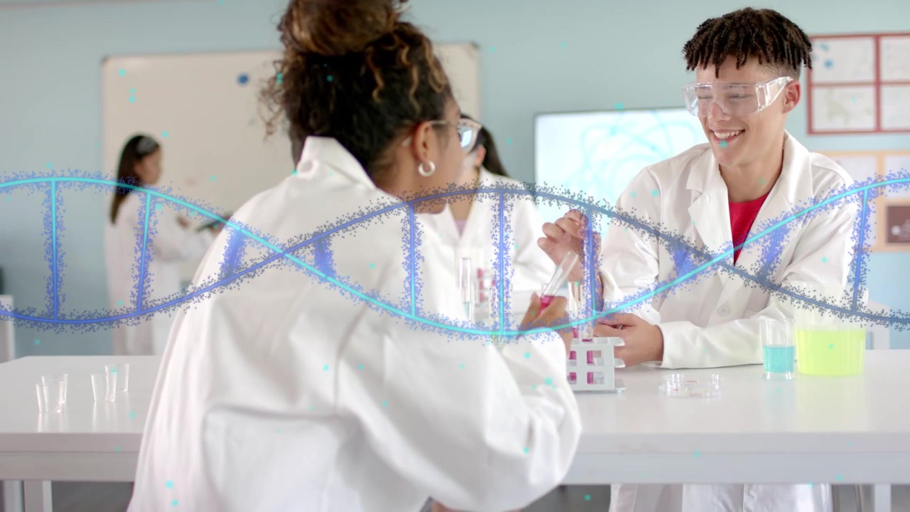 Student reaching, pipetting as partner holding rack, DNA helix sweeping across frame for science