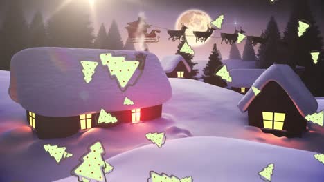 Múltiples-íconos-De-árboles-De-Navidad-Cayendo-Sobre-El-Paisaje-Invernal-Contra-La-Luna-En-El-Cielo-Nocturno