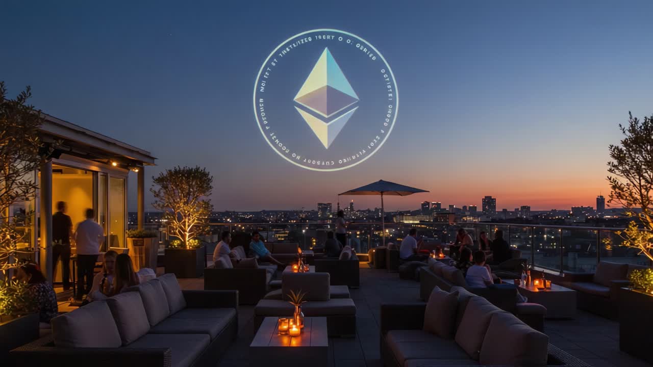 A Vibrant Evening Rooftop Scene with Stylish Seating, Soft Lighting, and a Prominent Logo, Capturing the Essence of Urban Relaxation Against a Dusk Skyline