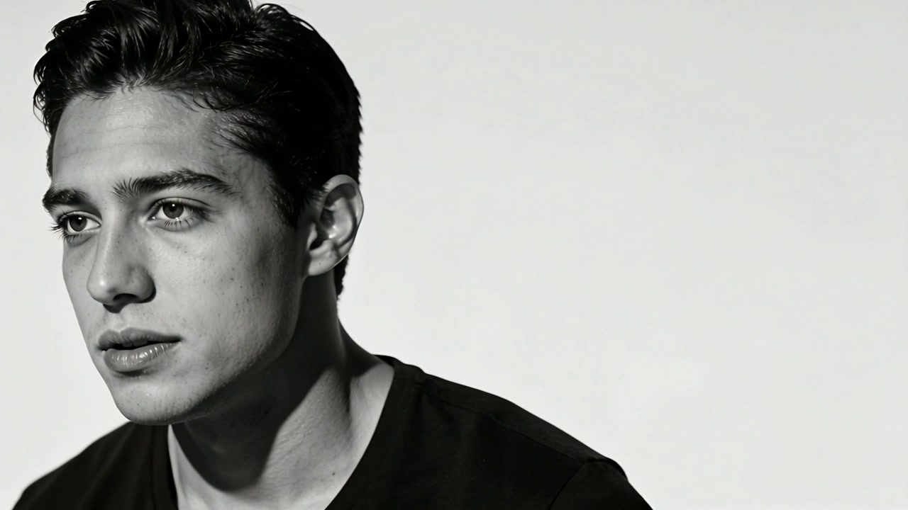 Following studio cue model turning head center, relaxing jaw for portrait, black shirt, copy space