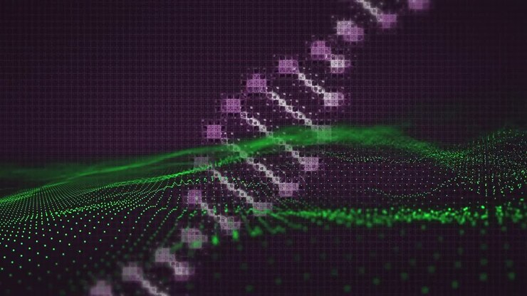 Animatie van een roterende digitale DNA-streng over een contourlandschap van groene stippen, op een zwarte achtergrond