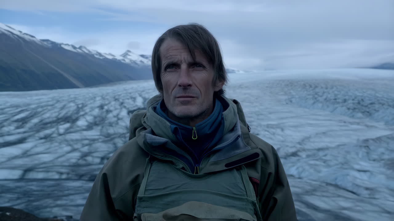 Man on a Glacier in a Mountainous Landscape