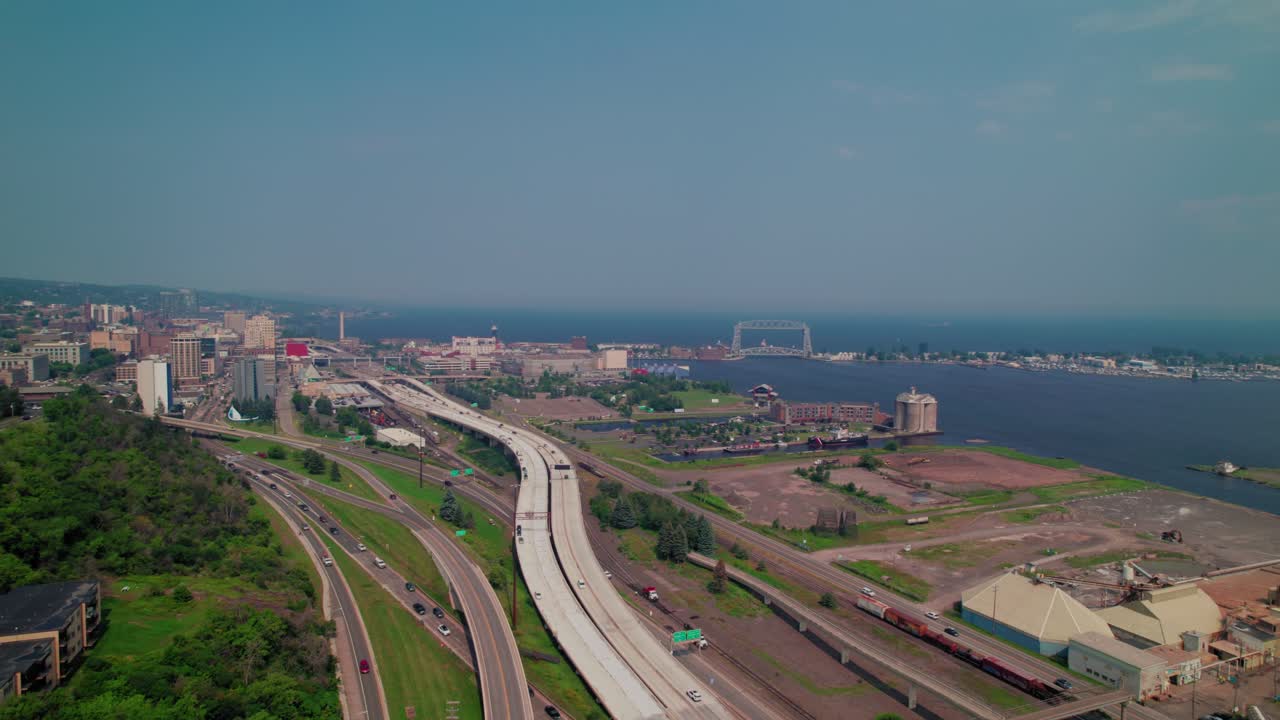 I-35 interchange in Duluth, where the city's port industry meets the natural beauty of Lake Superior