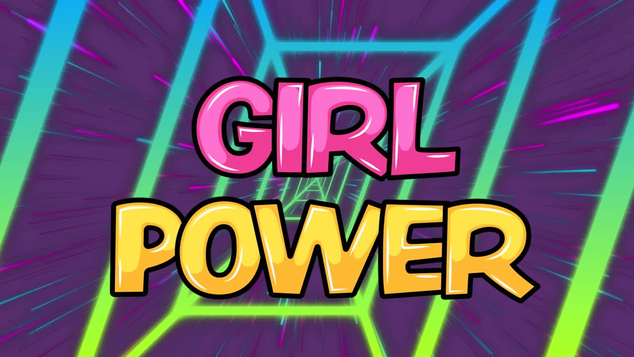 animación del texto de girl power sobre un túnel de neón y senderos de luz sobre un fondo púrpura