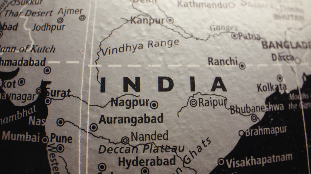 Close-up view of India on a grayscale globe map