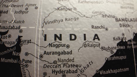 close-up view of india on a grayscale globe map