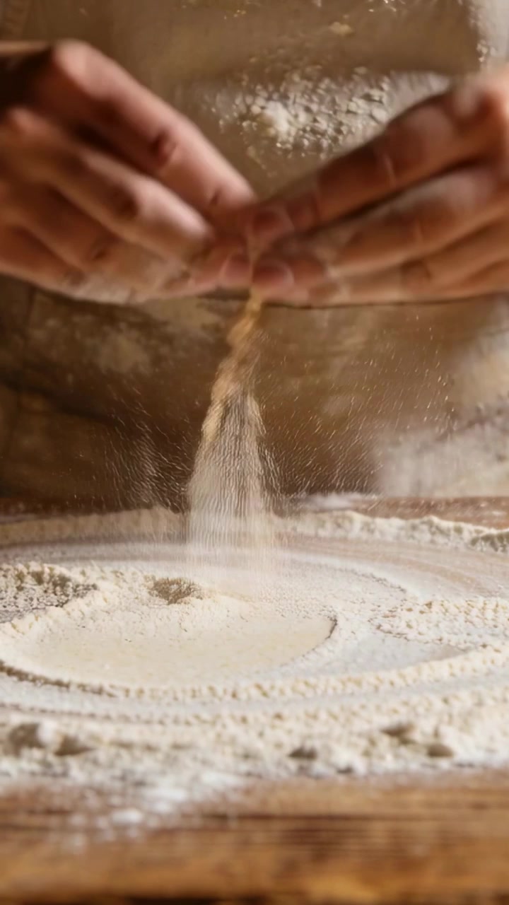 Video verticale: Inizia con un movimento della mano, mani che battono la farina in un pozzo su un tagliere per l'impasto, grembiule infarinato.