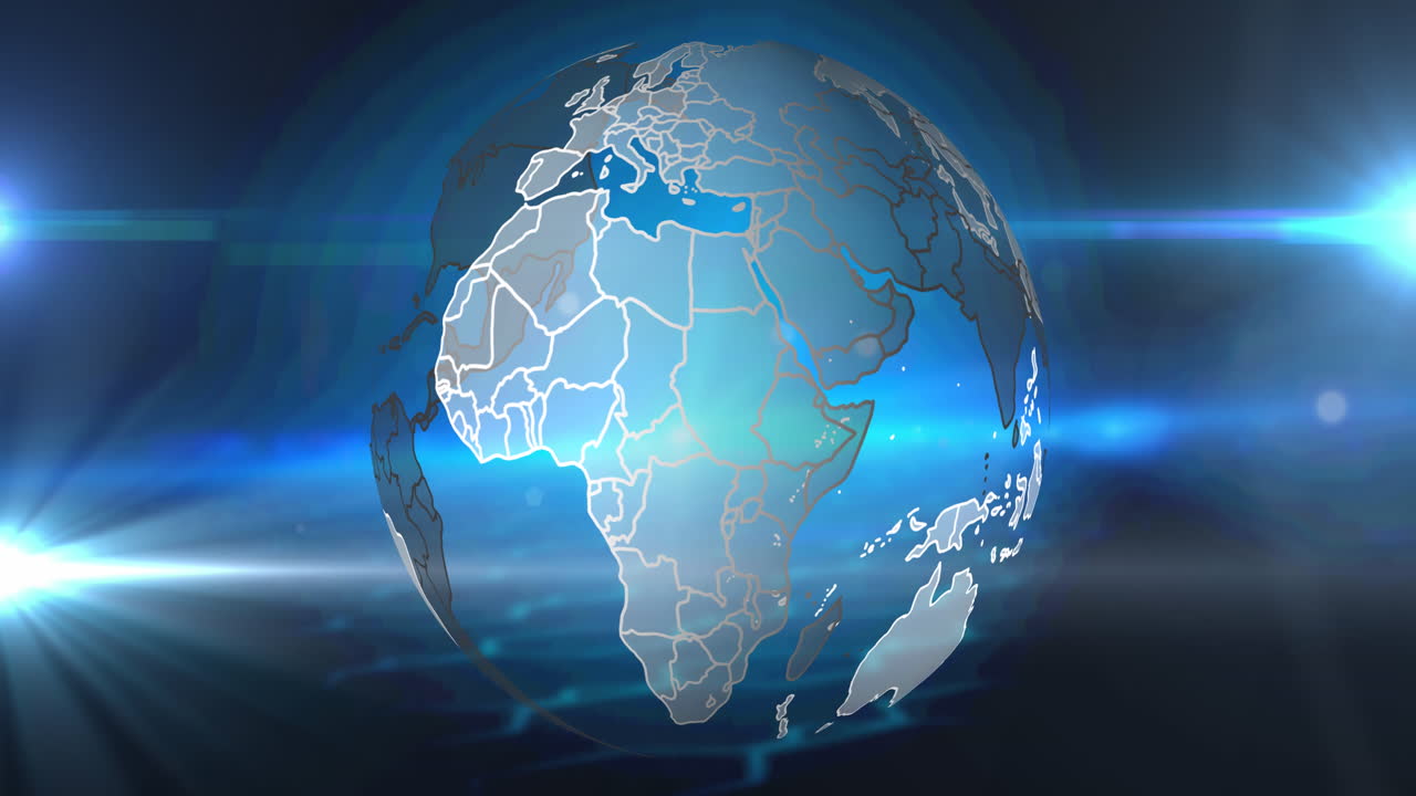 animación de un globo giratorio sobre las llamaradas de la lente contra un fondo abstracto