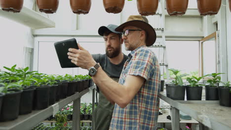 gardener inspecting plants in a greenhouse using a tablet