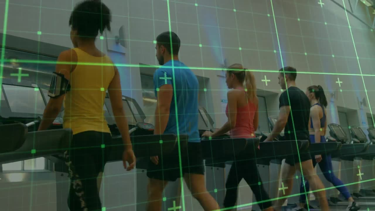 Animation of digital interface with squares over people exercising in gym