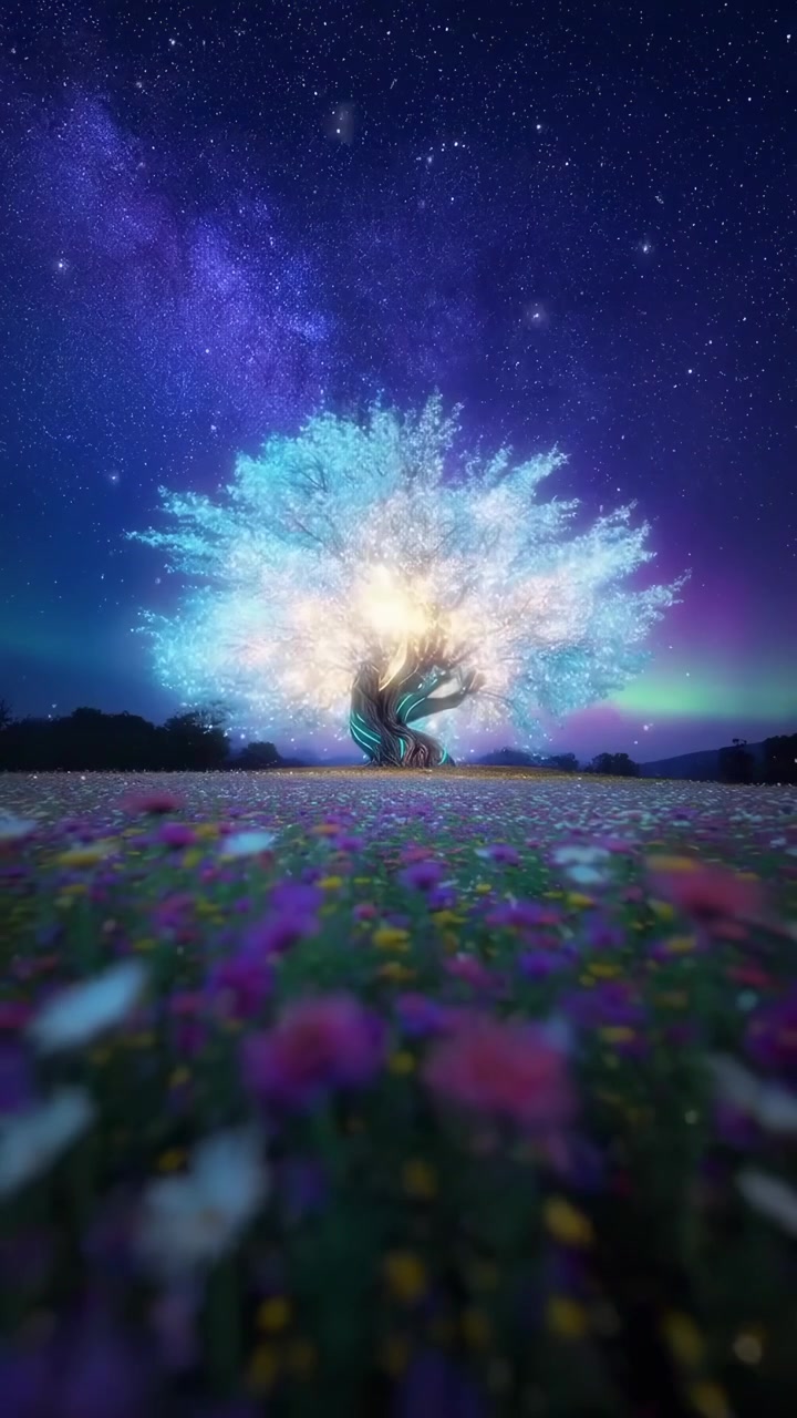 Albero magico luminoso in un campo notturno stellato con aurora boreale