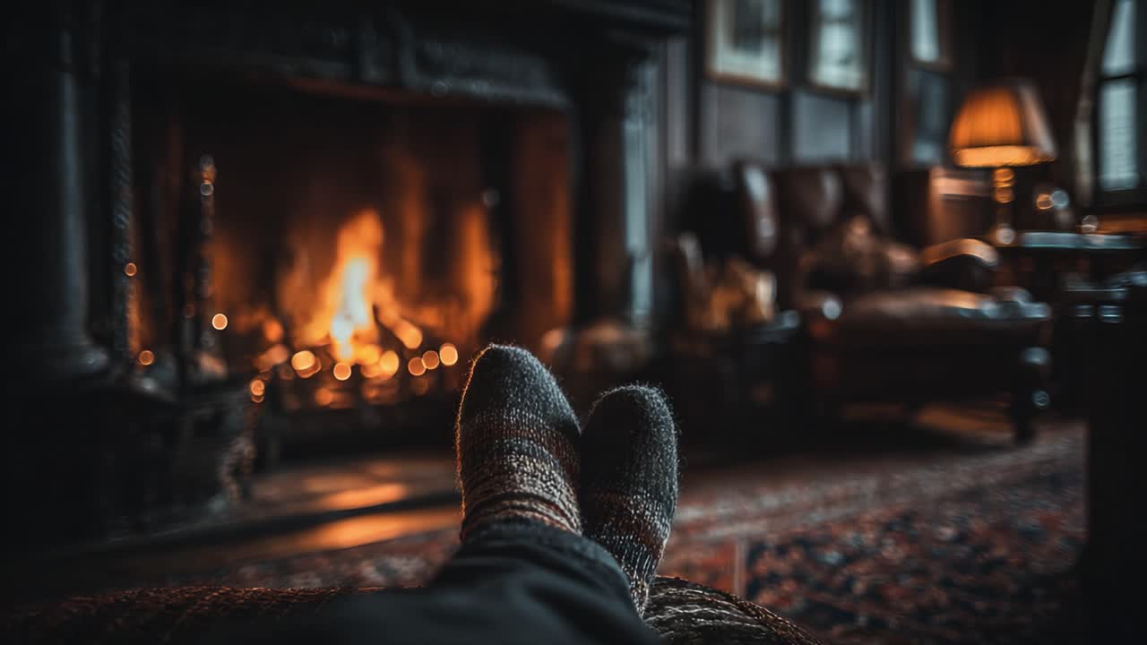 Cozy Comfort: Enjoying a Warm Fire with Blankets and Woolen Socks on a Relaxing Evening in a Cozy Living Room Setting with Soft Lighting