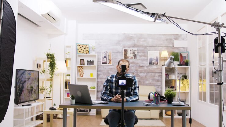 Uomo che realizza un vlog in uno studio domestico