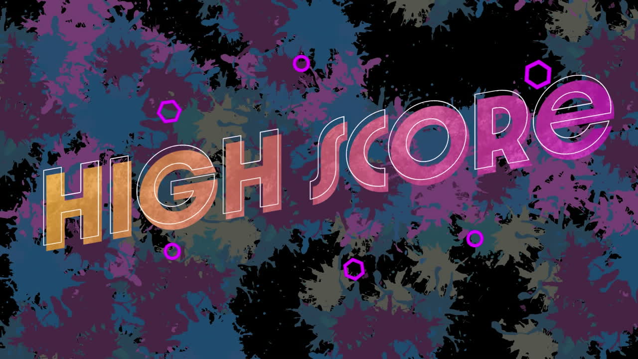 Animation of high score text in orange and pink on paint splat background