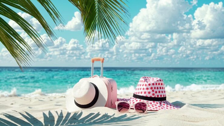 Low-angle video shot of a tropical beach scene with hats, sunglasses, and a suitcase under palm