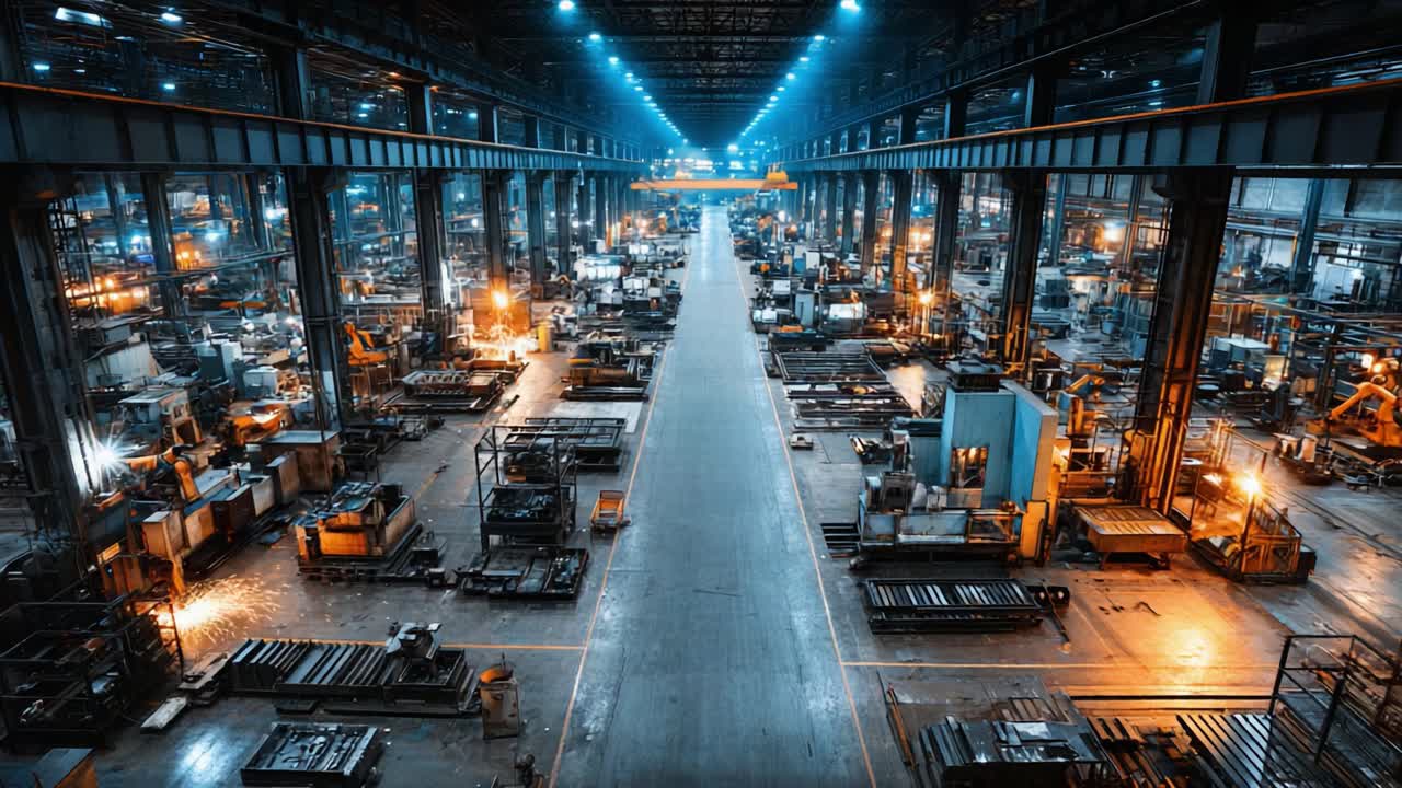 Aerial View of an Industrial Warehouse: The Spacious Layout Exhibits Machinery and Tools in a Dynamic, Well-Lit Manufacturing Environment
