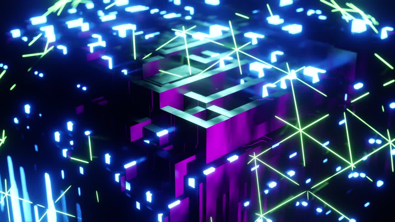 bloques metálicos en movimiento con una cúpula de escudo de energía que lo cubre. edificio complejo por la noche. arquitectura de computadora cuántica. fondo abstracto futurista. animación de bucle 3d