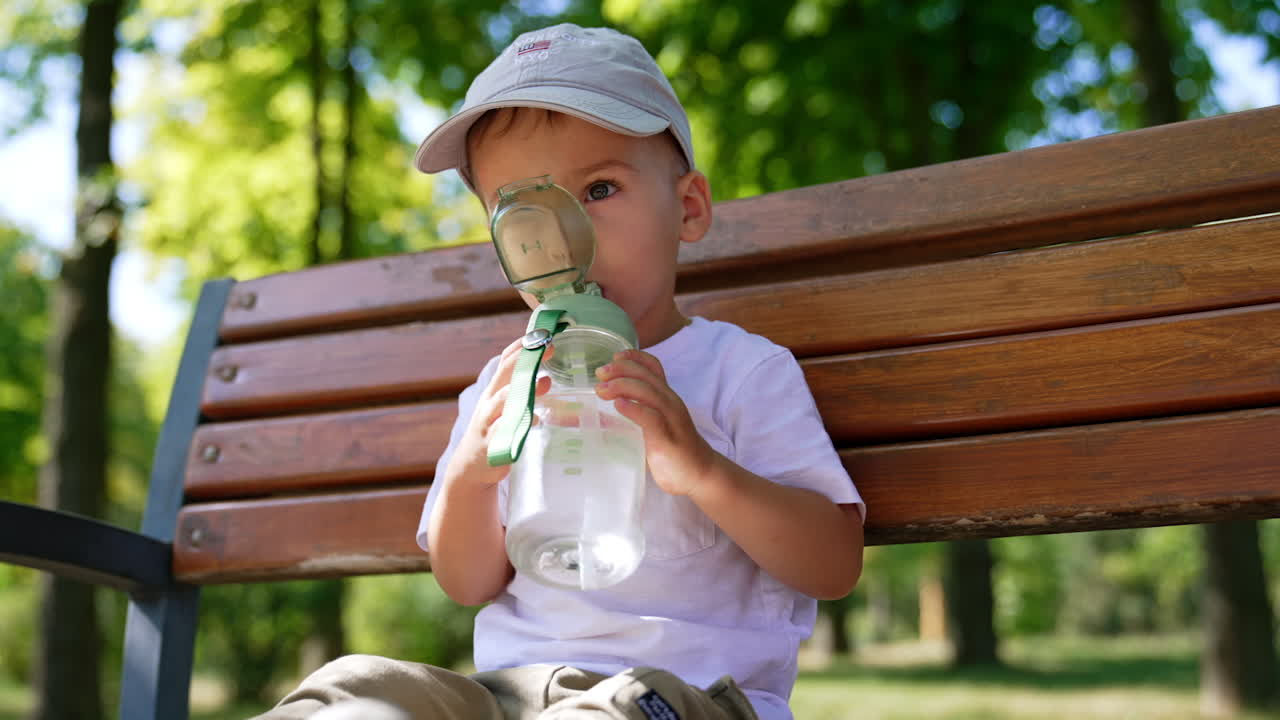 Mom gives the bottle to her son. Little kid sitting on the bench drinks water from a sport bottle. Low angle view.