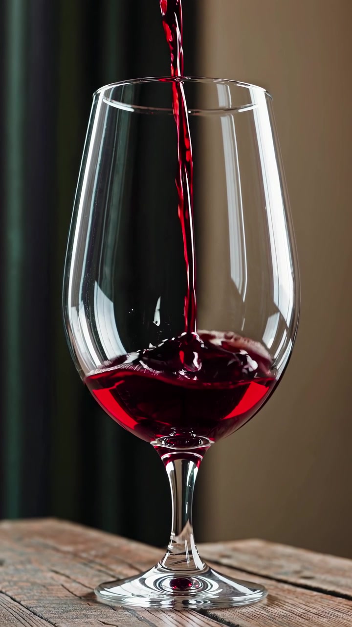 Versare il vino rosso in un bicchiere su un tavolo di legno