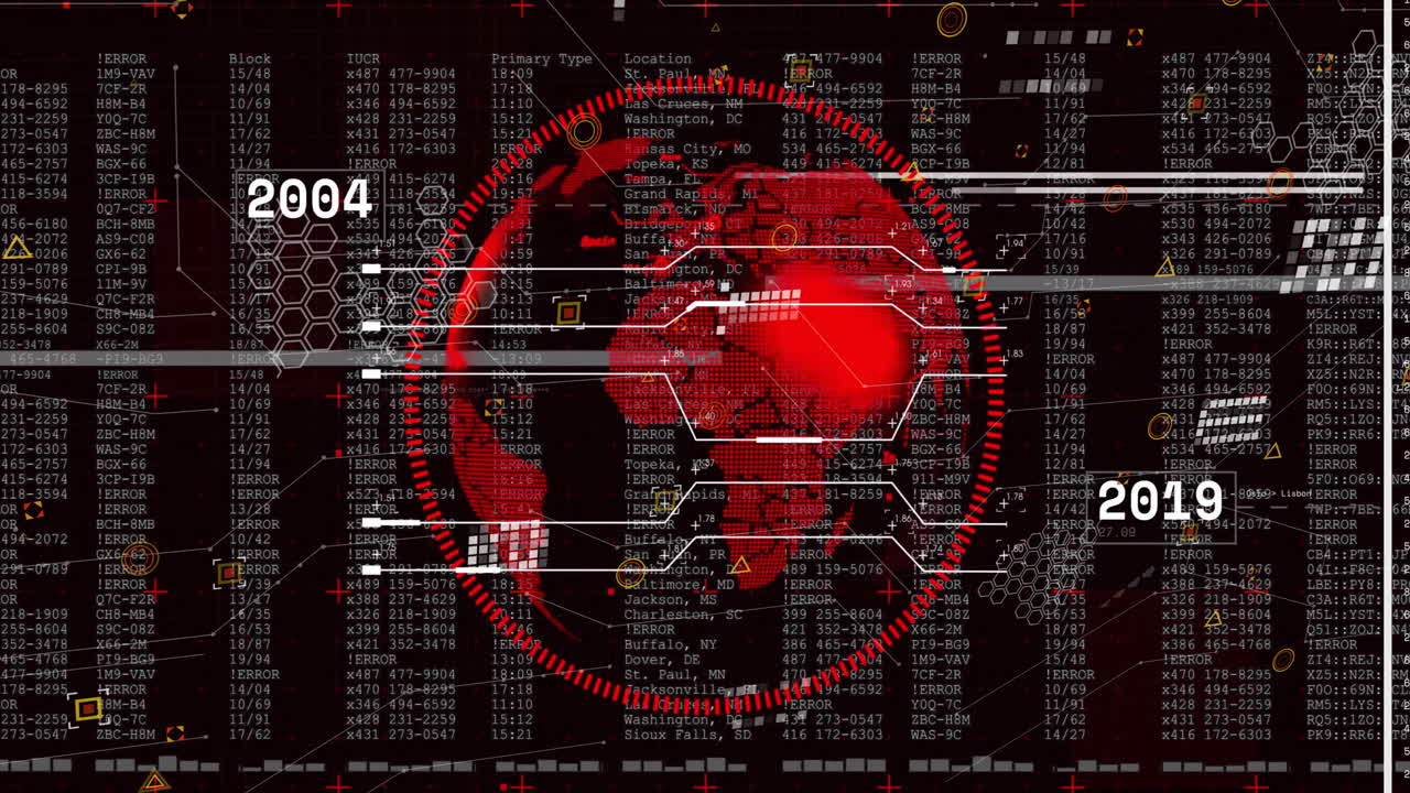 Digital world map with data processing animation over red globe and numbers