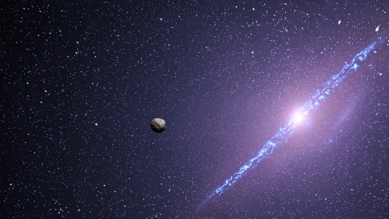 A cosmic video scene with a wide-angle view of a lone asteroid against a starry sky and a vibrant