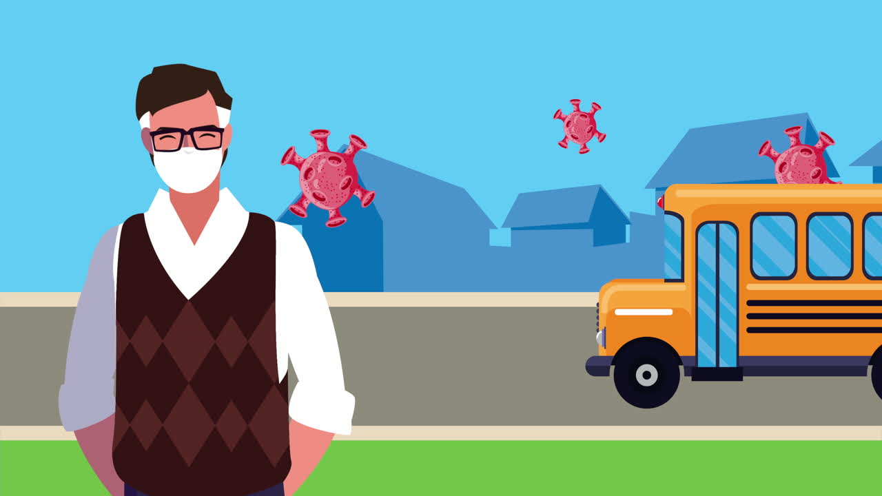 코로나19에 대한 의료 마스크를 착용한 남성 교사와 버스