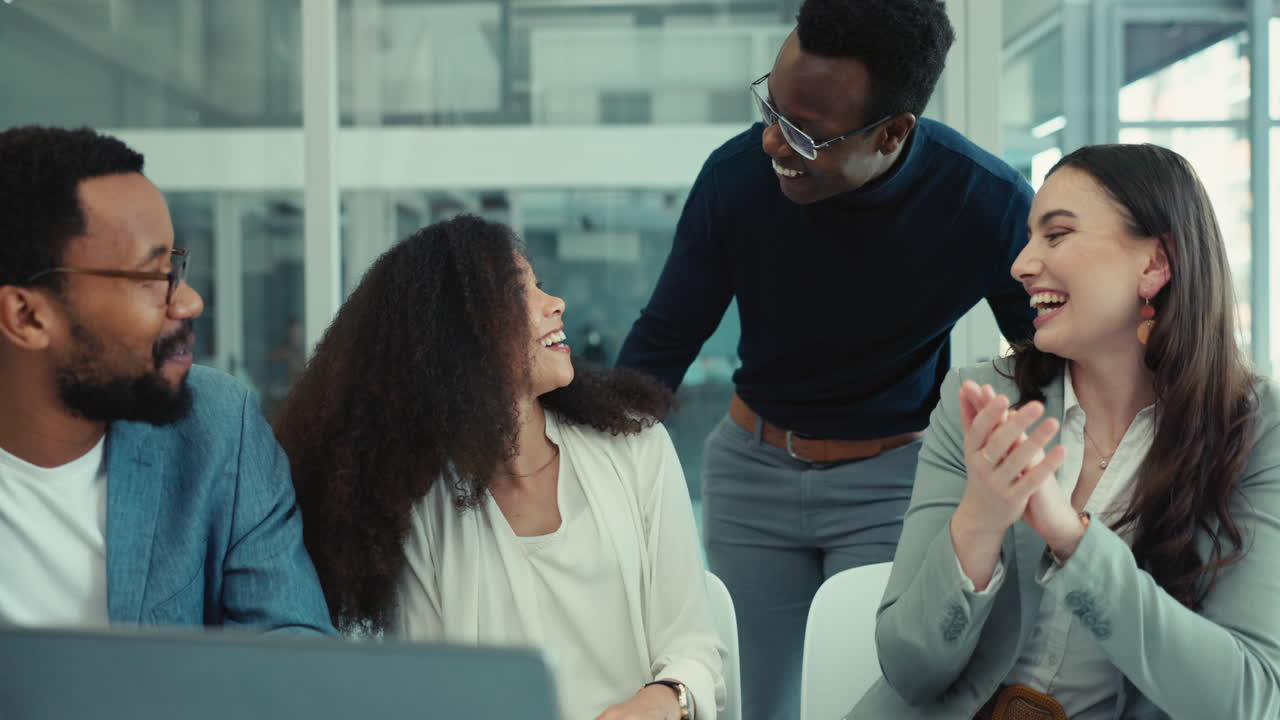 Business woman, high five and applause on laptop