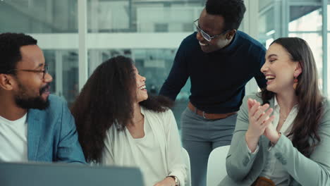 business woman, high five and applause on laptop