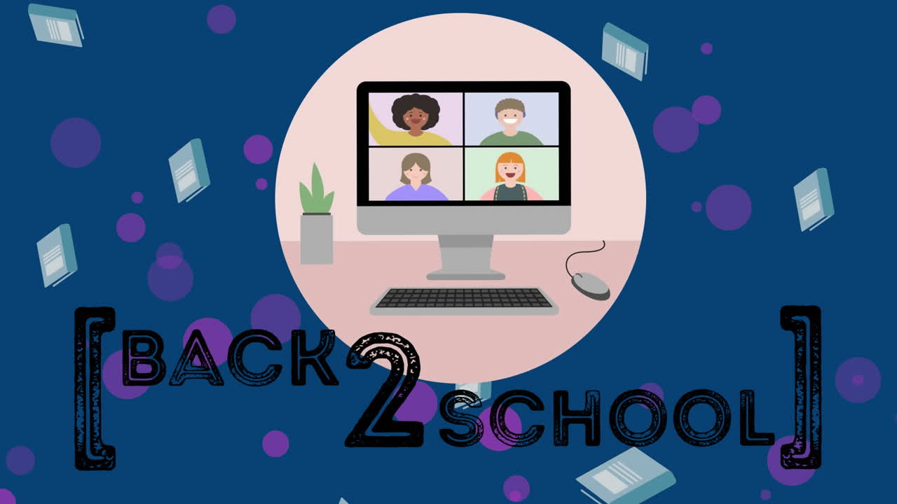 Animation of pupils on screen during online lessons and back to school on blue background