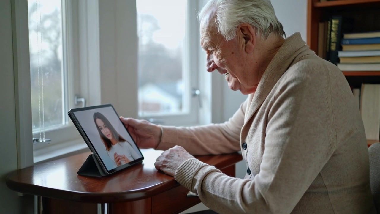 Anziano che effettua una videochiamata su un tablet a casa