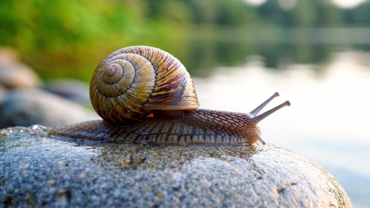 A Beautiful Close-up of a Snail Resting on a Rock Beside a Tranquil Water Surface, Capturing the Serenity of Nature in a Moment of Stillness
