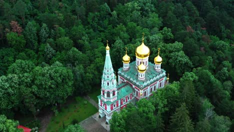 Aerial-view-of-the-memorial-church-Birth-of-Christ-near-Shipka,-Bulgaria