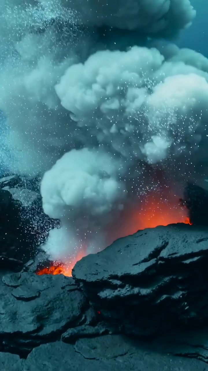 Vertical video: Erupting molten lava hitting ocean, sending rising steam plume across rock bench