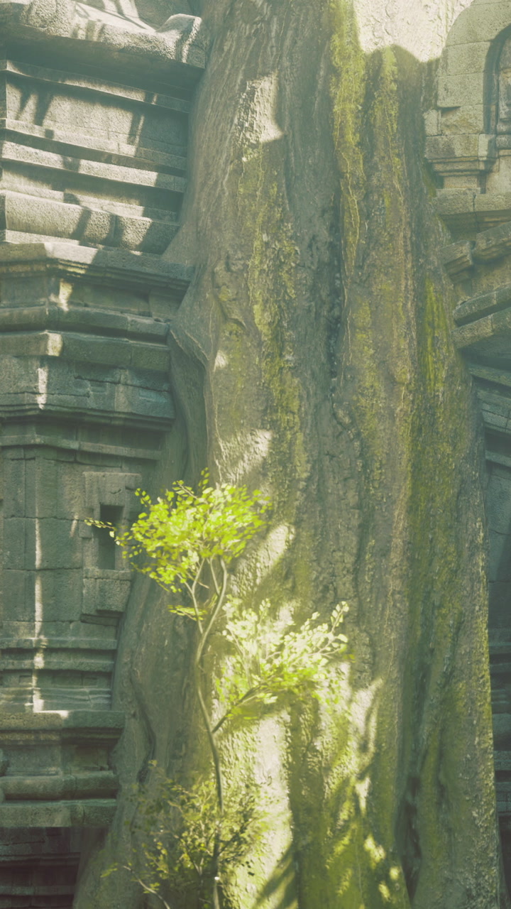 Ancient stone architecture embraced by vibrant greenery in warm sunlight