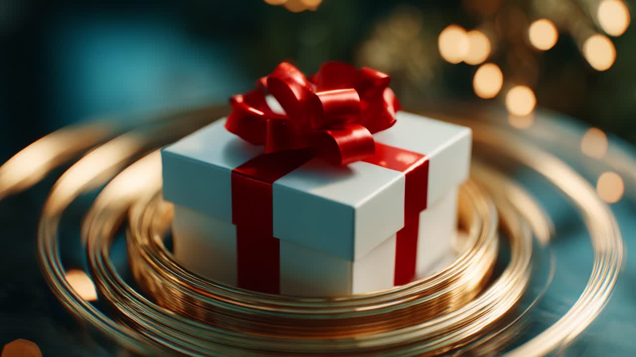 Una confezione regalo elegantemente incartata con un vivace nastro rosso, su uno sfondo sfocato di calde luci dorate, che cattura l'essenza della celebrazione e la gioia nei momenti speciali della vita