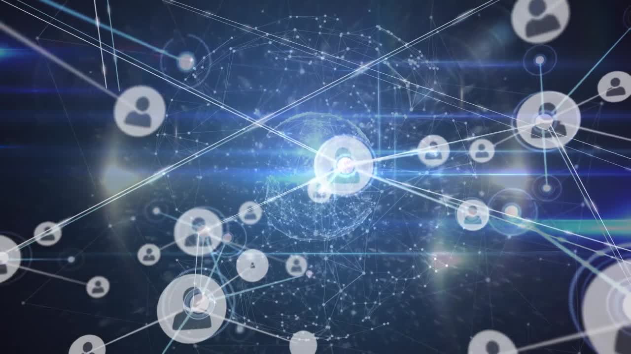 빛나는 조명을 통해 데이터를 전송하는 사람 아이콘의 성장하는 네트워크의 애니메이션