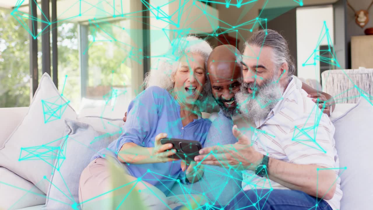Mature woman taking selfie, friends reviewing phone and reacting, tech overlay linking nodes