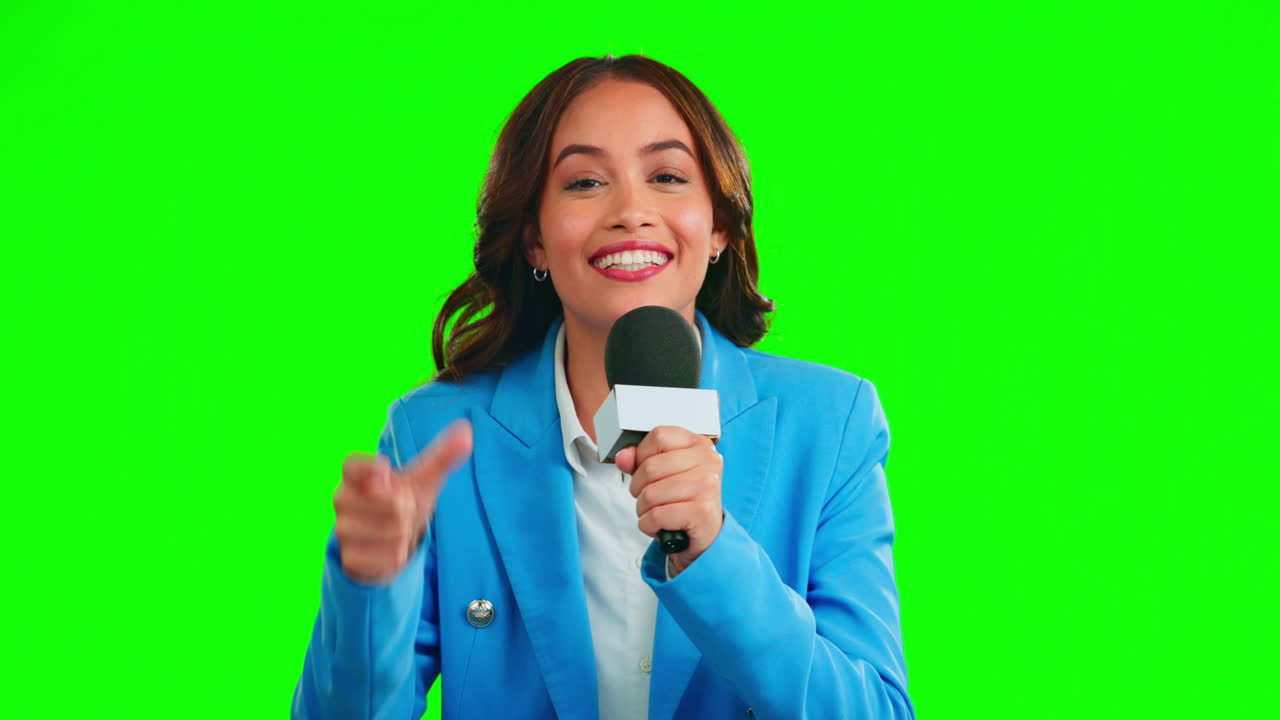 Green screen, microphone and face of woman