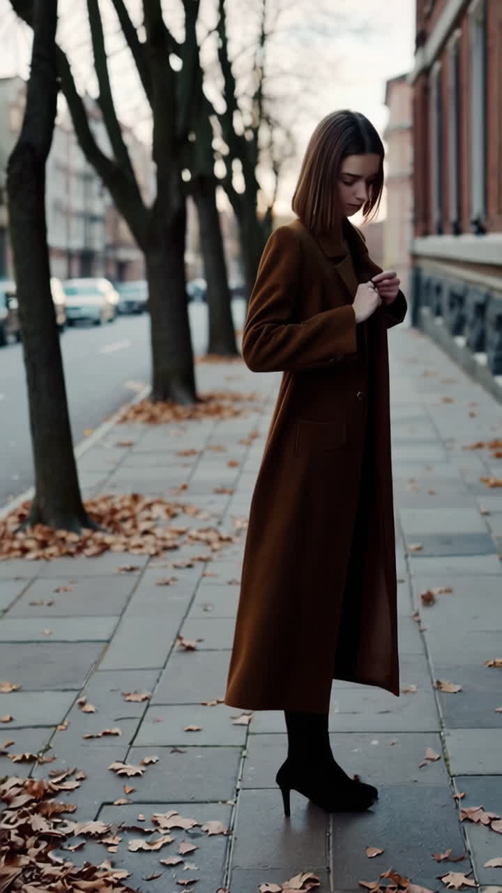 Donna con cappotto marrone su un marciapiede cittadino autunnale