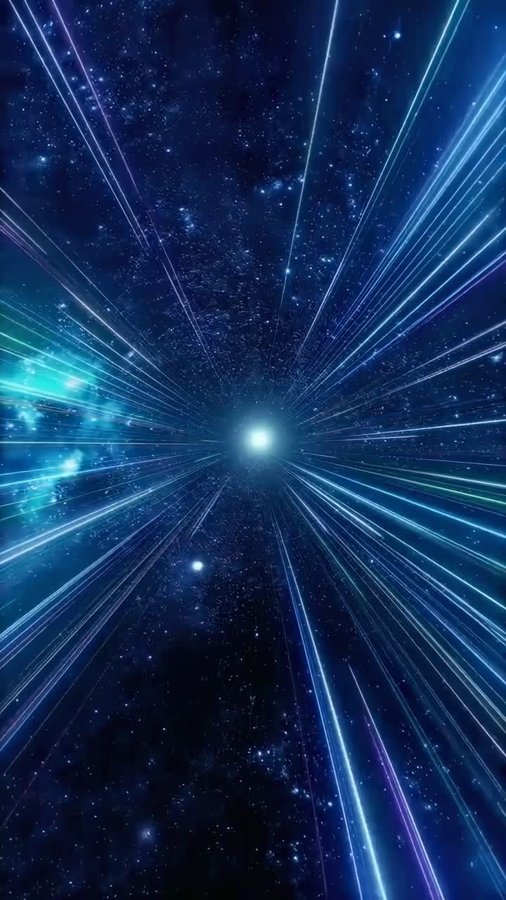 Video dinamico di distorsione spaziale con angolazione in prima persona, caratterizzato da scie luminose vibranti.
